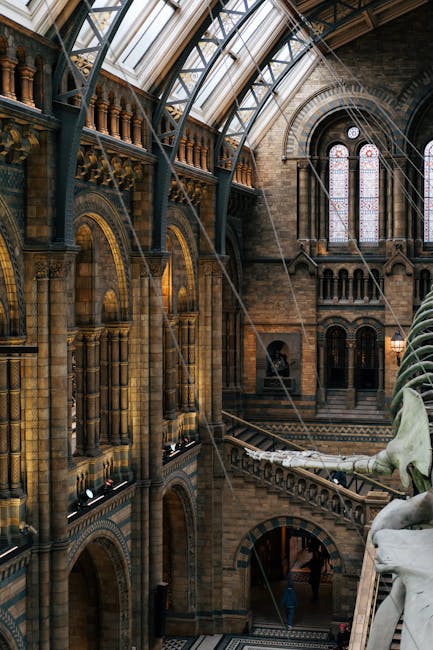 Inside a historic building with high, arched glass ceilings supported by metal framework, large stained glass windows, and intricate brick and stone architectural details. To the right, a partially visible sculpture of a white animal, possibly a dinosaur, is positioned on a balcony ledge overlooking a lower level with arches and decorative columns. Natural light filters through the stained glass, illuminating the spacious interior. Scaffolding and safety netting are present near the windows, indicating ongoing maintenance or restoration work. In the foreground, a few people are visible near the balcony, and the environment suggests a setting suitable for heritage building conservation and furniture transport during a home relocation or moving project. As part of professional removals, [COMPANY_NAME] often works within such historic venues when assisting with packing, loading, and transporting household and museum items, ensuring careful handling of fragile furniture and artworks during the transfer process.
